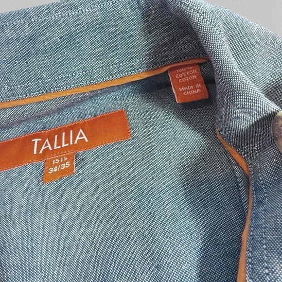 Tallia Men M Chambray Button Down Shirt Blue Subtle Gold Metallic 15.5 34/35 Mod - Picture 6 of 14